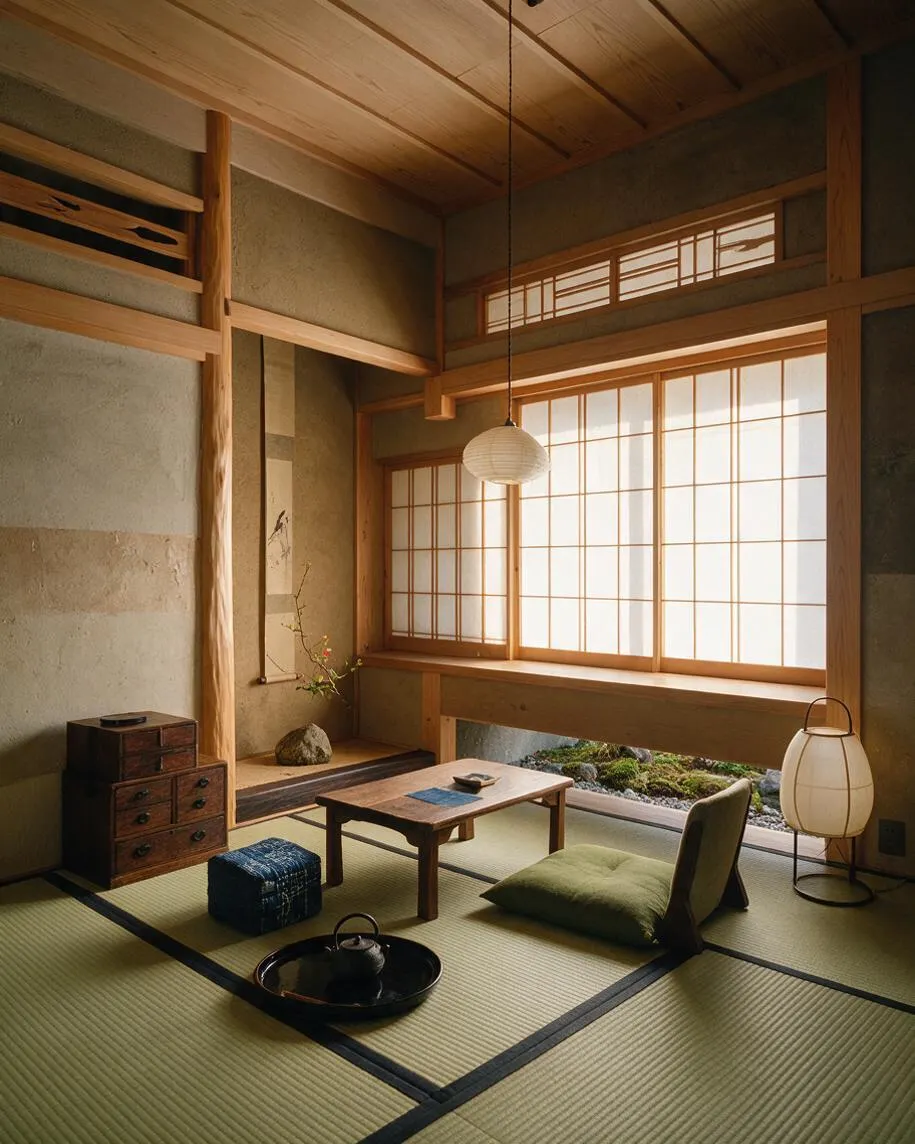 A Japanese Zen guest bedroom with tatami mat flooring, a low wooden tea table, floor cushions, and shoji screen windows glowing with soft daylight. Natural wood beams, a paper lantern, and a small alcove with minimalist decor create a calm, balanced atmosphere.