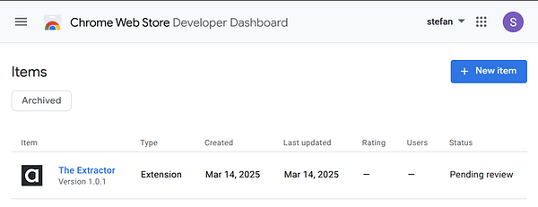The image displays the Chrome Web Store Developer Dashboard showing an extension in the pending review status.