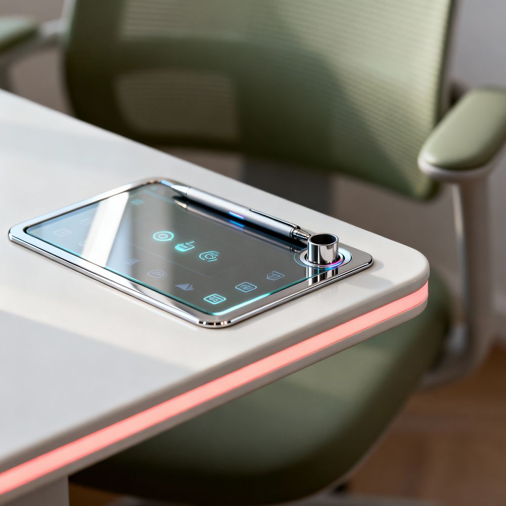 Close-up of a futuristic home office shows a matte white desk with a rounded corner and an integrated glass control tablet trimmed in chrome, accompanied by a polished metal dial and a slim stylus. A soft pink LED strip glows along the desk edge, and a sage-green mesh ergonomic chair sits behind; pale wood flooring and natural daylight contribute to the clean, high-tech atmosphere.