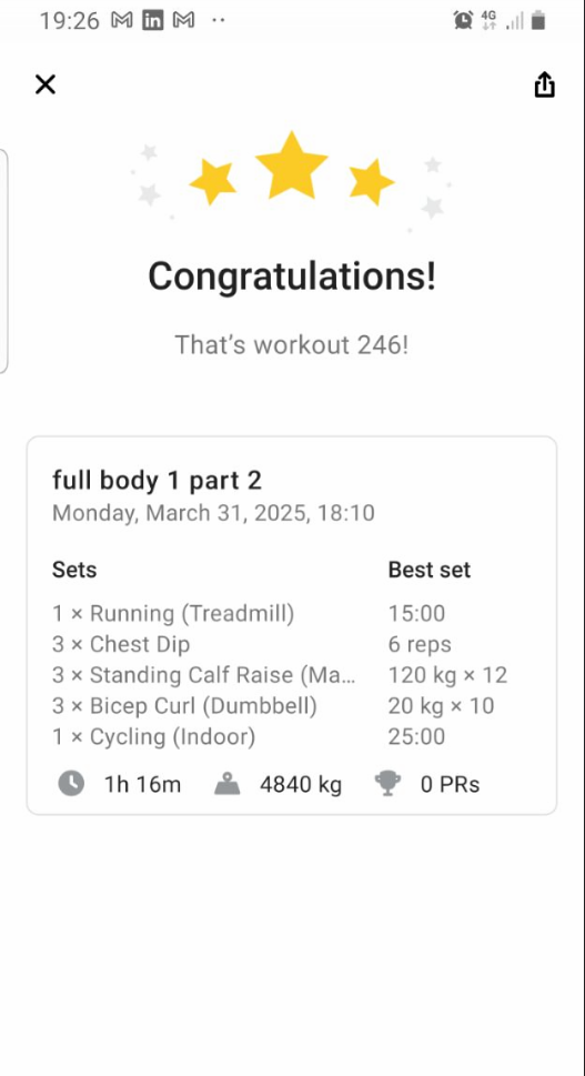 The image displays a workout summary from a fitness app.
