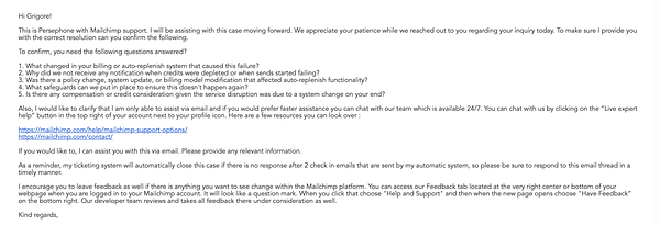 The image displays an email response from Mailchimp support addressing a user's inquiry.