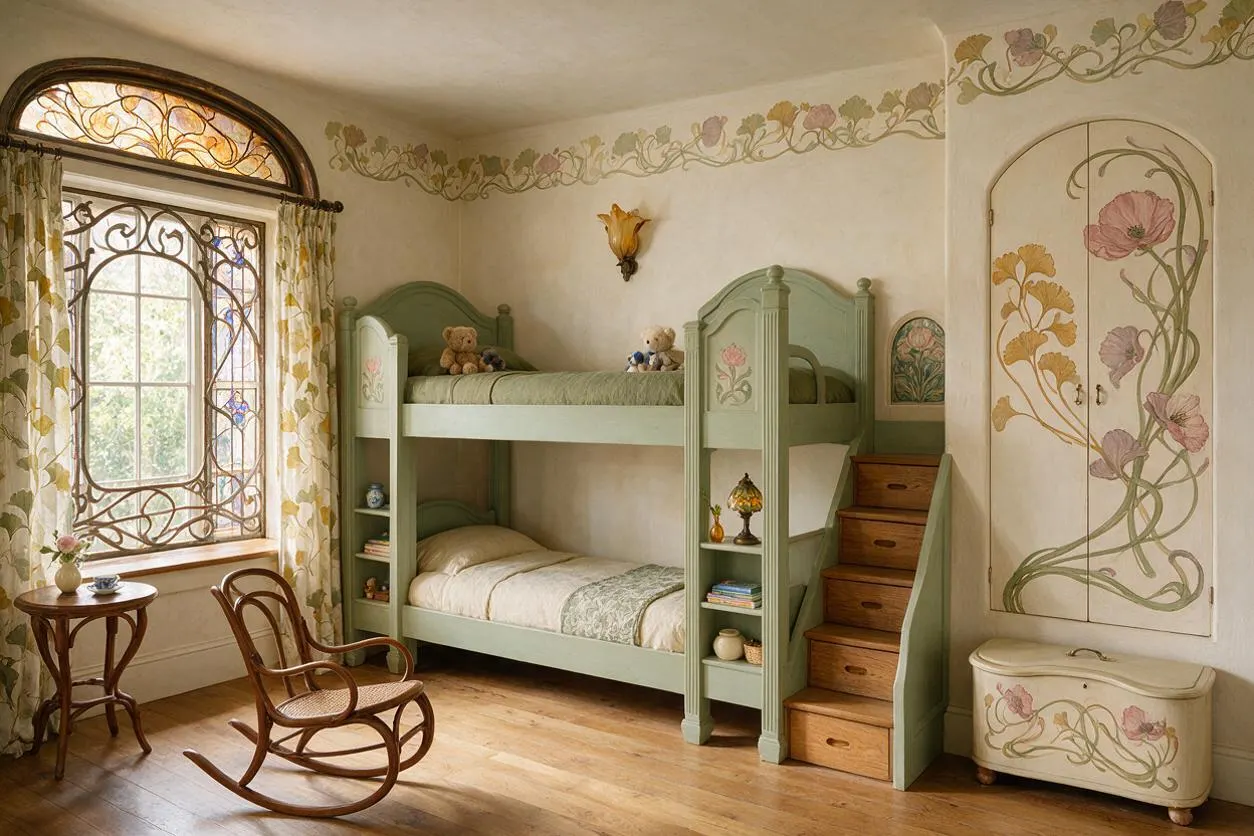 A charming kids' room with a pale green wooden bunk bed, floral painted cabinet doors, and a carved rocking chair on a warm wood floor. An ornate leaded-glass window with sheer patterned curtains and a decorative floral border complete the Art Nouveau look.