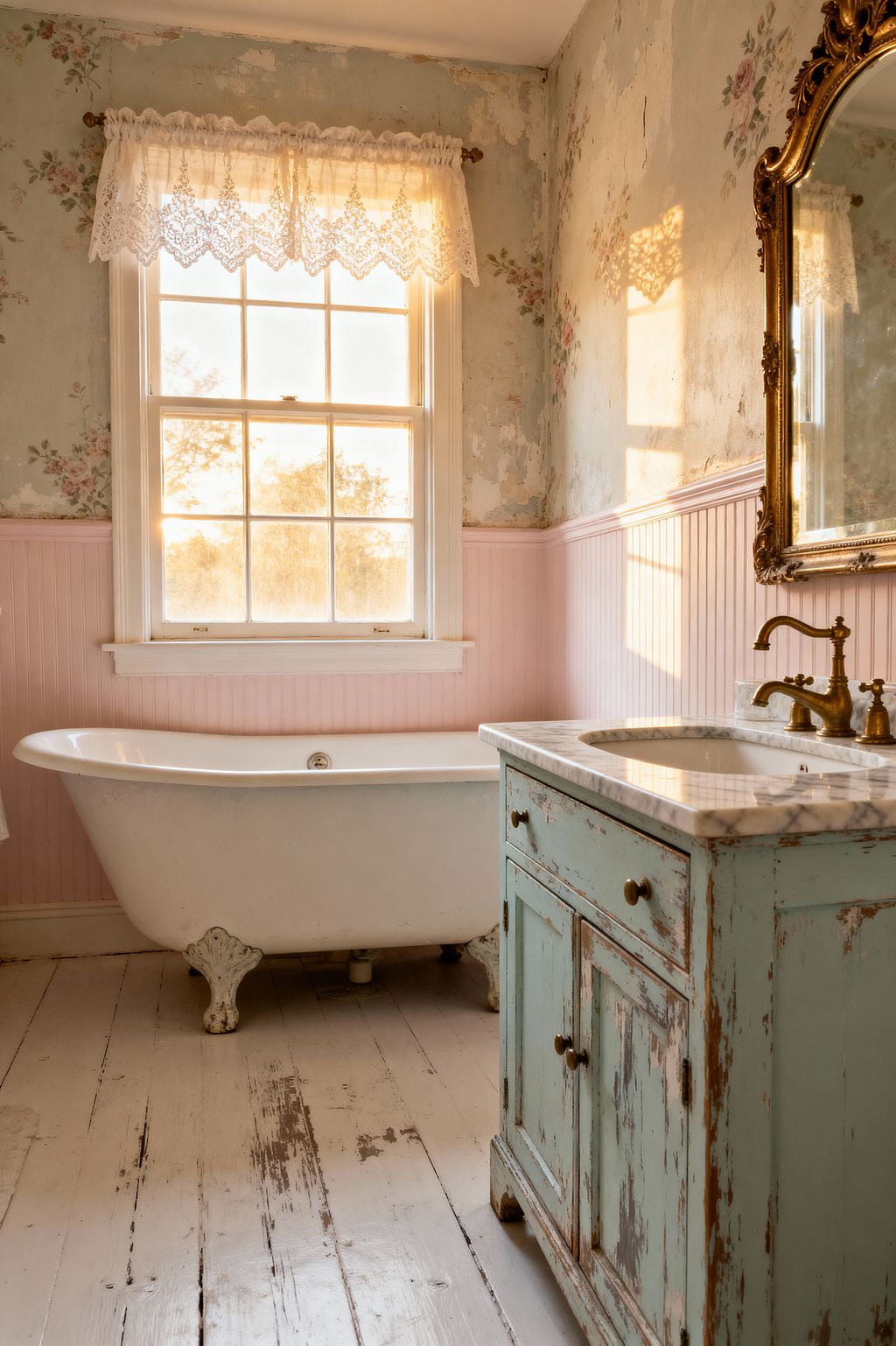 Vintage bathroom with a white clawfoot tub beneath a window dressed in a lace valance. The room features blush pink beadboard, distressed floral wallpaper with visible patina, a duck-egg painted vanity topped with white marble, brass faucet, an ornate gold-framed mirror, and worn painted wood floorboards, all lit by warm natural light.