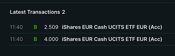 The image displays a list of recent transactions related to an ETF purchase.