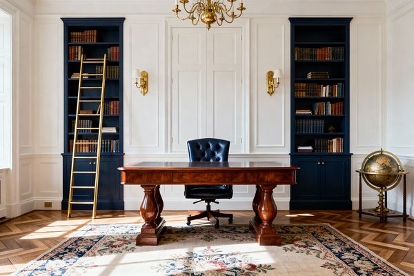 A traditional home office with a large polished wood desk centered against white paneled walls and double doors. A tufted navy leather chair sits behind the desk. Deep navy built-in bookcases flank the wall, filled with books; a brass-toned library ladder leans on the left. Brass sconces with pleated shades and an ornate brass chandelier add warm light. An antique floor globe stands to the right. Oak herringbone flooring and a cream floral rug complete the elegant, symmetrical space.