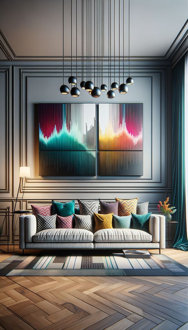 An elegantly designed living room showcasing rhythm through repetition of patterned cushions on a sofa, a color gradient in wall art, and a line of pendant lights leading through the space.