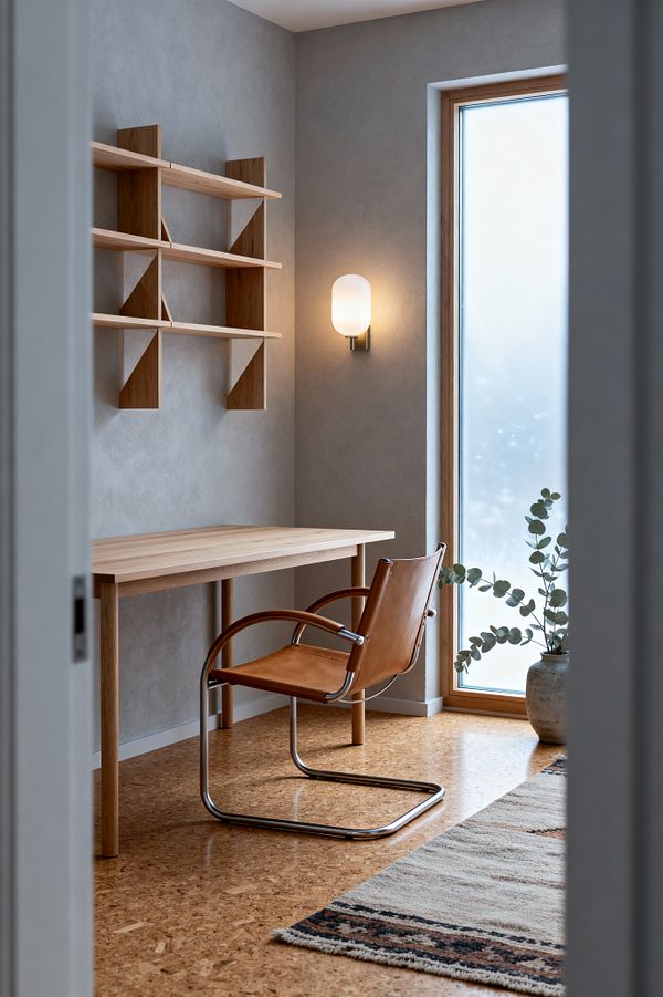 A small Scandinavian-style home office with light gray plaster walls, a wall-mounted oak shelving unit, and a simple oak desk. A cantilever chair with cognac leather and a chrome frame sits on warm cork flooring beside a wood-framed, floor-height frosted window; a glowing opal glass wall sconce and a ceramic vase with eucalyptus complete the minimalist scene.