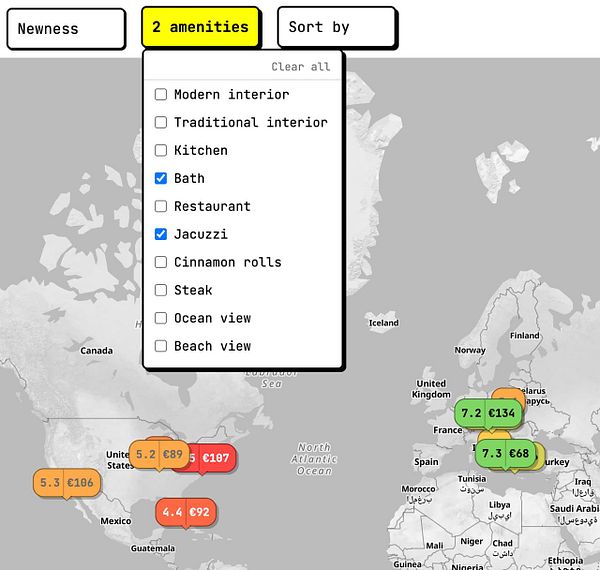 Screenshot of an amenities selection interface with multiple checkboxes for hotel features.