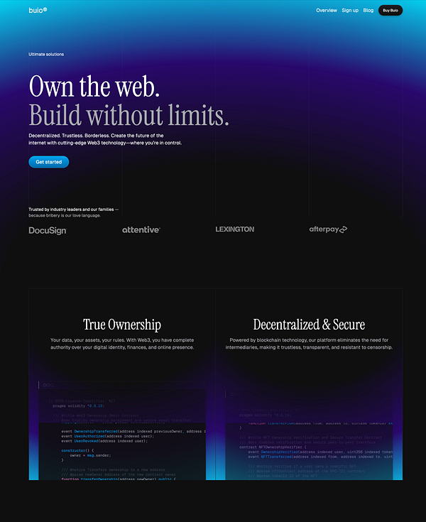 The image displays a sleek web page for the Buio SaaS template, emphasizing Web3 technology and decentralized solutions.