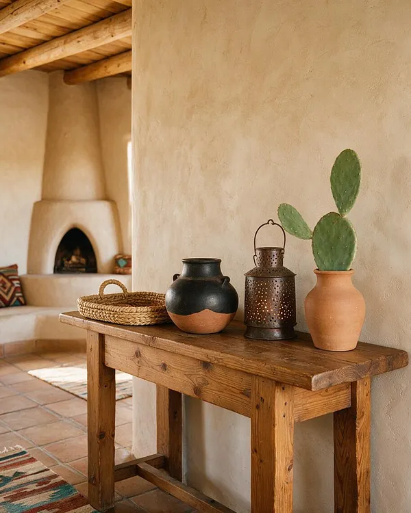 A rustic Southwestern interior vignette features a thick wood console table against a smooth adobe-style wall. The tabletop holds a woven tray, a black-and-terracotta ceramic vase, a perforated metal lantern, and a terracotta pot with a prickly pear cactus, with a kiva-style fireplace and exposed wood beams in the background.
