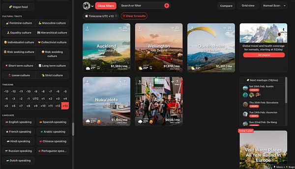 Screenshot of a user interface showing a timezone filter dropdown menu for 'Helsinki, Finland' with additional timezone options and filtering features.