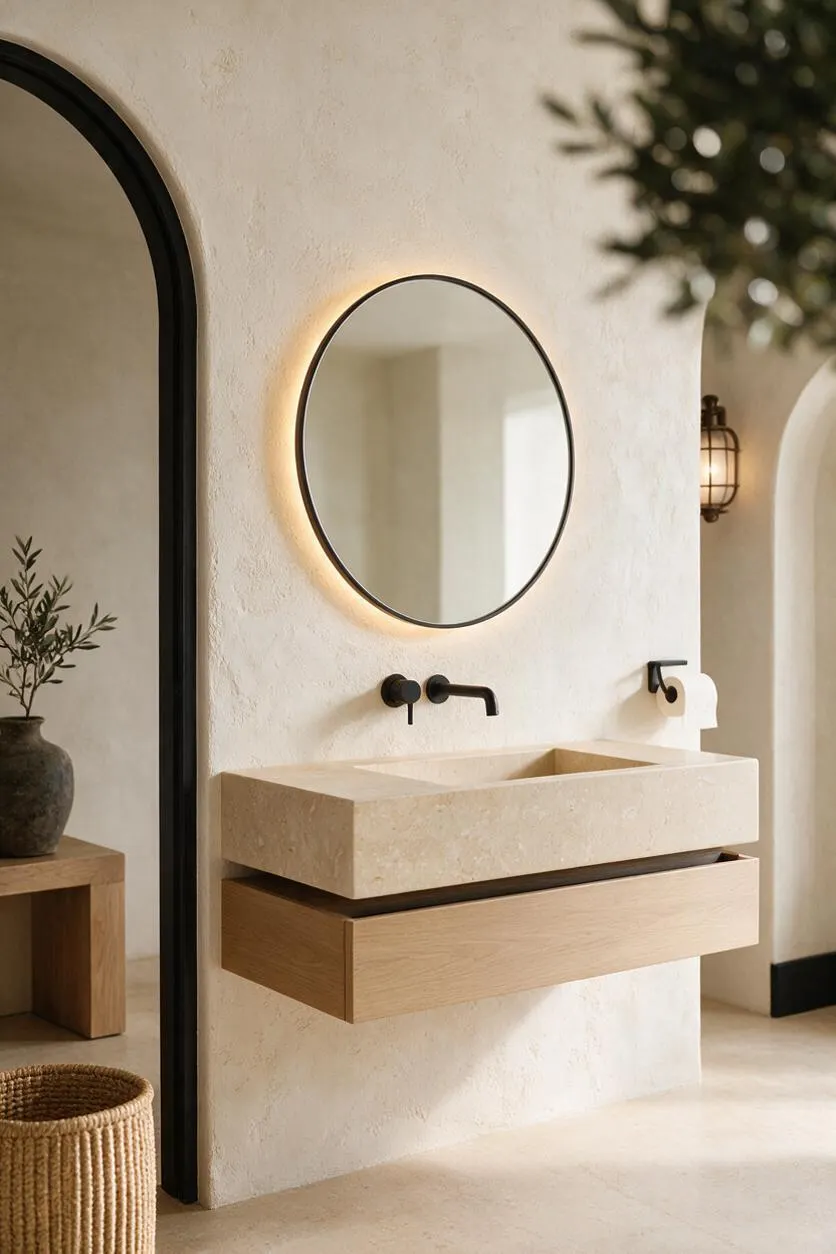 A modern bathroom vignette with a floating rectangular stone sink mounted on a textured plaster wall, paired with a light oak drawer below and matte black faucet hardware. A round backlit mirror hangs above the sink, and arched openings with black trim frame the space, creating a warm, serene atmosphere.