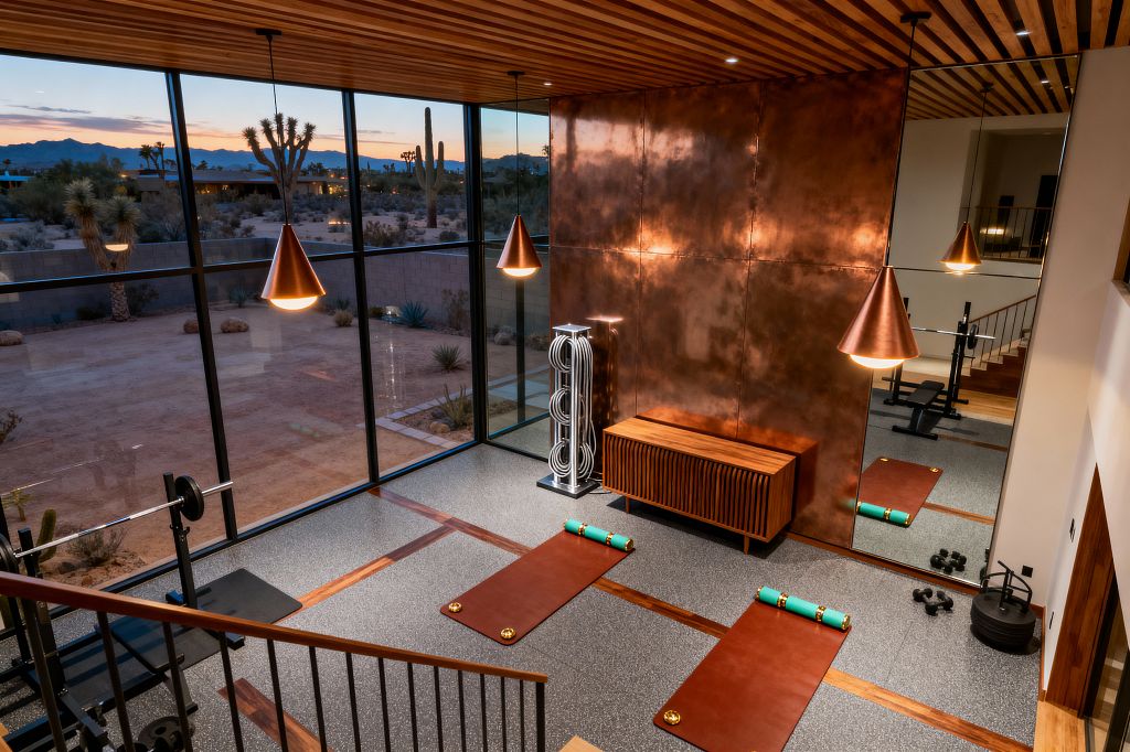 A mid-century modern home gym with floor-to-ceiling black-framed windows overlooks a desert landscape at dusk. Inside, a patinated copper wall and matching cone pendants glow beside a slatted walnut ceiling and credenza. Speckled gray rubber flooring with wood inlay frames two cognac leather exercise mats with teal bolsters. A full-height mirror reflects the space, while a squat bench, dumbbells, weight plates, and a chrome rope stand complete the workout area.