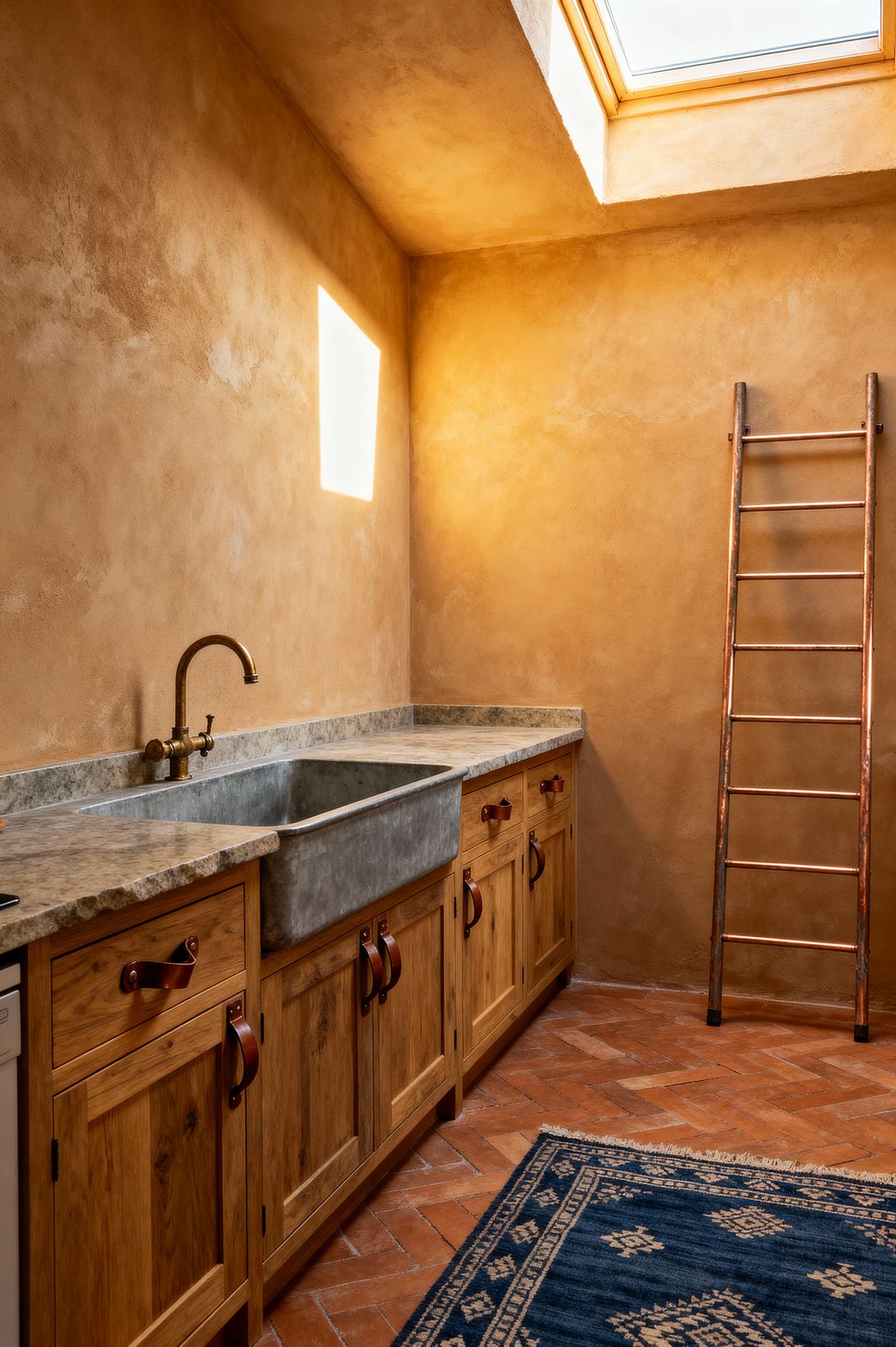 A rustic laundry room with warm clay-colored plaster walls lit by a skylight. Long natural-wood cabinets with leather strap pulls support a mottled stone countertop and a deep rectangular concrete sink fitted with an aged brass bridge faucet. The floor is terracotta in a herringbone pattern, and a slim copper ladder leans on the wall for drying. A navy flatweave rug with beige geometric motifs softens the floor as daylight casts strong shadows.