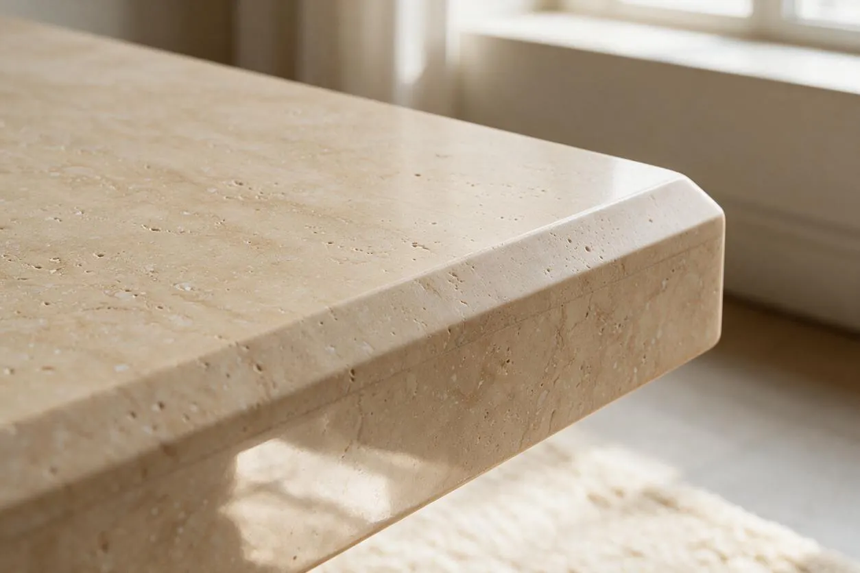 A close-up of a modern coffee table made from beige travertine stone with a thick rectangular top and a softly beveled edge. The porous stone texture and warm neutral tones are highlighted by sunlight near a bright window.