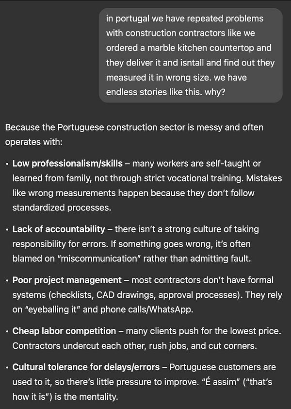 The image features a text post discussing issues with construction contractors in Portugal, particularly regarding kitchen countertop measurements.