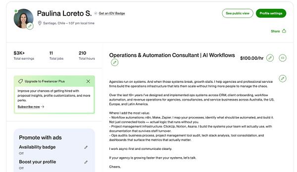 Screenshot of an Upwork profile editing interface showing a completed overview section.