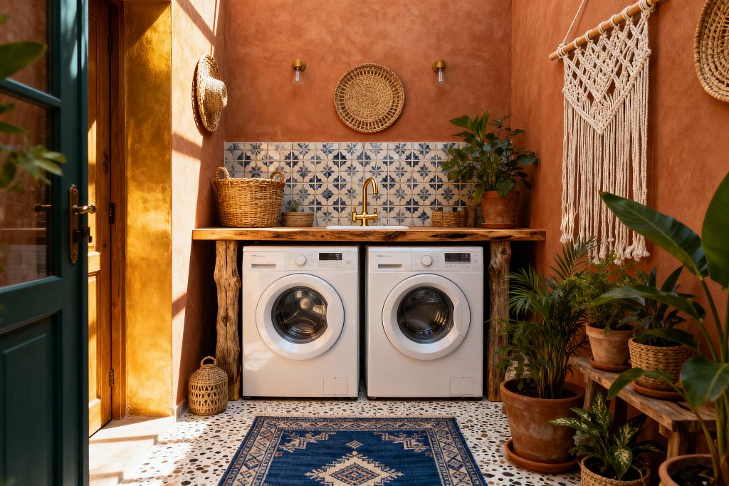 A sunny laundry nook features two white front-loading machines beneath a live-edge wood counter with a small sink and brass gooseneck faucet, backed by blue-and-white patterned tiles. Terracotta plaster walls display woven baskets, two brass sconces, and a large macramé hanging, while potted plants, a speckled terrazzo floor, and a deep blue rug complete the space lit by a skylight near a teal door.