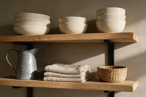 A farmhouse-style shelving vignette with thick natural wood shelves supported by black metal brackets. Cream ceramic bowls are stacked on the top shelf, while a galvanized metal pitcher, folded beige linens, and a small woven basket sit below against a warm neutral wall.