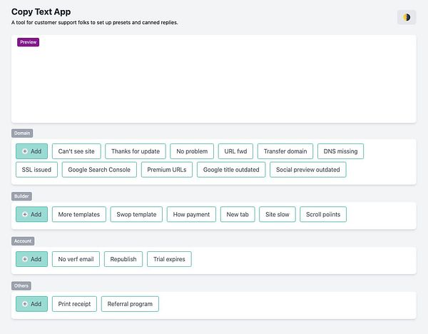 The image displays a user interface for a 'Copy Text App' designed for customer support responses.
