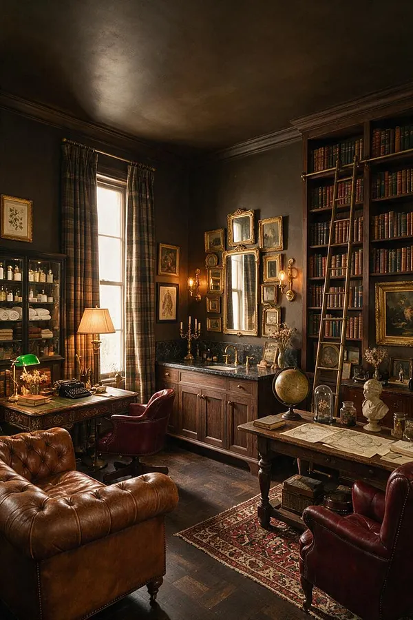 A dark, moody master bathroom styled like a scholarly study, with deep brown walls, a wood vanity and marble-look countertop, gold-framed mirrors, vintage-style sconces, and plaid curtains over a tall window. Built-in bookshelves, a rolling ladder, leather seating, and ornate decor give the space a rich Dark Academia atmosphere.