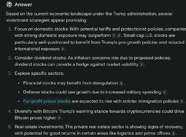 The image presents a detailed list of promising investment strategies based on the economic landscape under the Trump administration.
