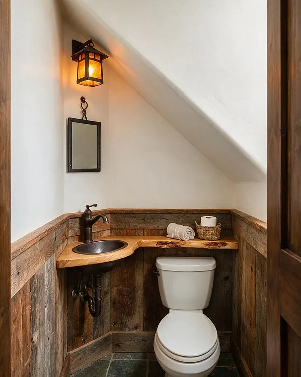 A compact rustic powder room with a white toilet, a small live-edge wood sink counter, and a dark metal faucet. Weathered wood paneling wraps the lower walls, while a black lantern sconce casts a warm amber glow above a simple hanging mirror.