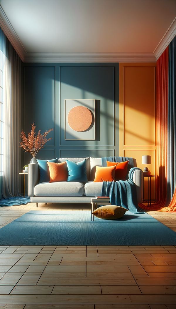 A cozy living room featuring a blue sofa with orange throw pillows, with natural light highlighting the contrast between the complementary colors.