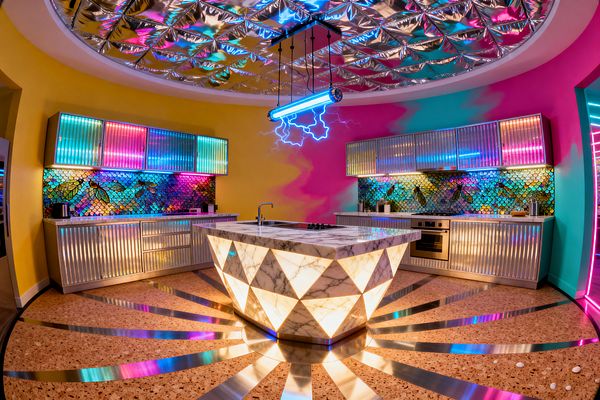 A vivid kitchen shows a glowing faceted island topped with veined marble on cork flooring with stainless-steel rays. Corrugated aluminum base cabinets and ribbed translucent uppers, lit by RGB LEDs, frame an iridescent fish-scale glass backsplash with dragonfly-like motifs. A mirrored foil ceiling and a neon-blue lightning pendant reflect magenta, teal, and yellow gradient walls and stainless appliances.