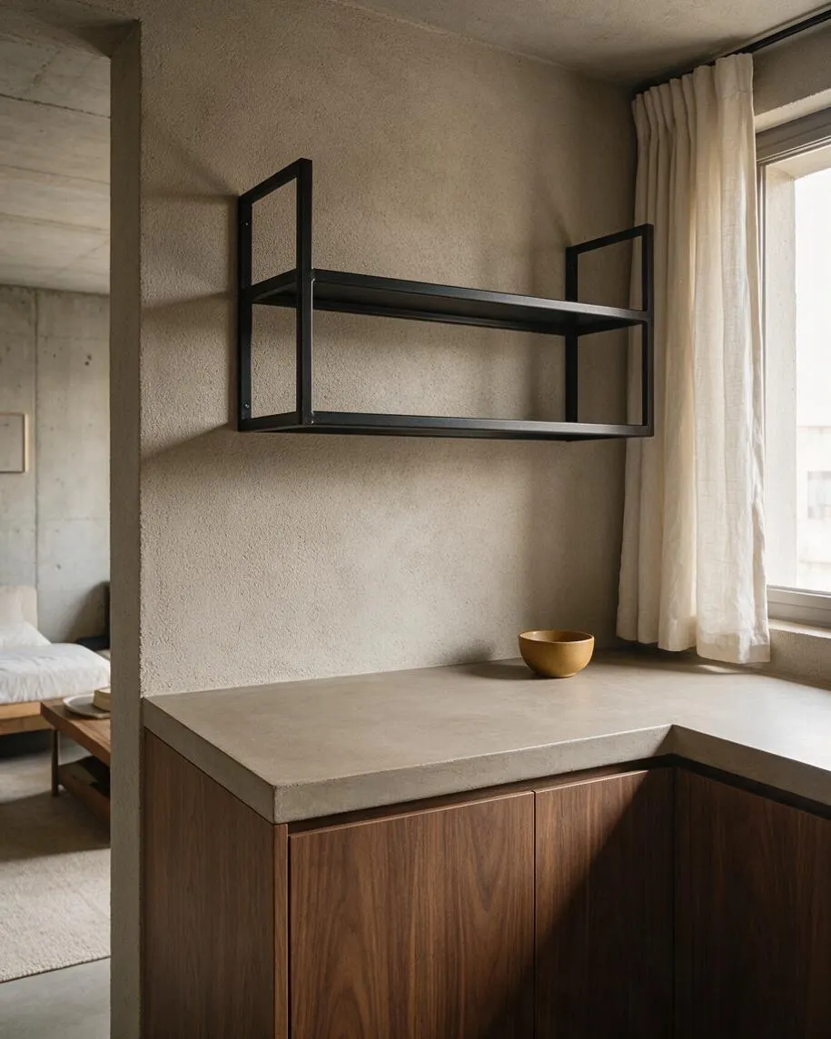 A minimalist studio apartment corner with a rough-textured beige wall, floating black metal shelf, and a light concrete or plaster countertop above walnut cabinetry. Soft cream curtains frame a bright window on the right, while a glimpse of the sleeping area appears through the opening on the left.