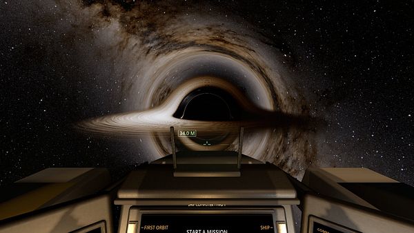 First-person view from a spaceship cockpit approaching a black hole with a visible accretion disk in outer space.