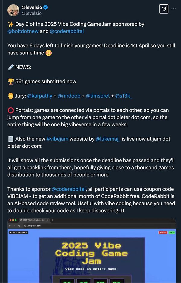 A social media post announcing updates for the 2025 Vibe Coding Game Jam, including submission details and sponsorship information.
