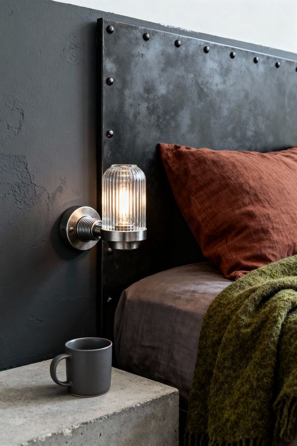 A close-up of an industrial bedroom shows a blackened, riveted steel headboard with a brushed-steel wall sconce holding a glowing bulb behind a ribbed glass shade. Against a textured charcoal plaster wall, the bed is dressed in taupe bedding with a rust linen pillow and a moss-green wool throw, while a raw concrete bedside block supports a matte charcoal mug, creating a moody scene that blends metal, concrete, and soft textiles.