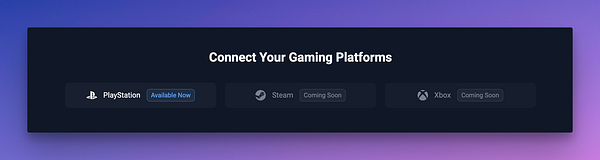 The image features a user interface section for connecting gaming platforms.