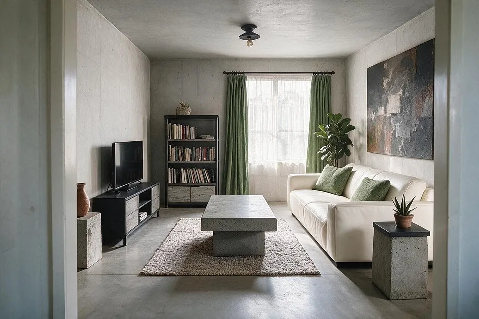 A Brutalist living room in the Pale Stone palette