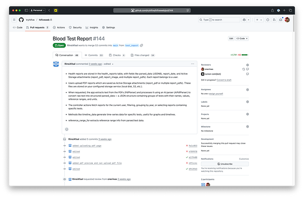 The image displays a GitHub pull request interface for a project titled 'Blood Test Report'.
