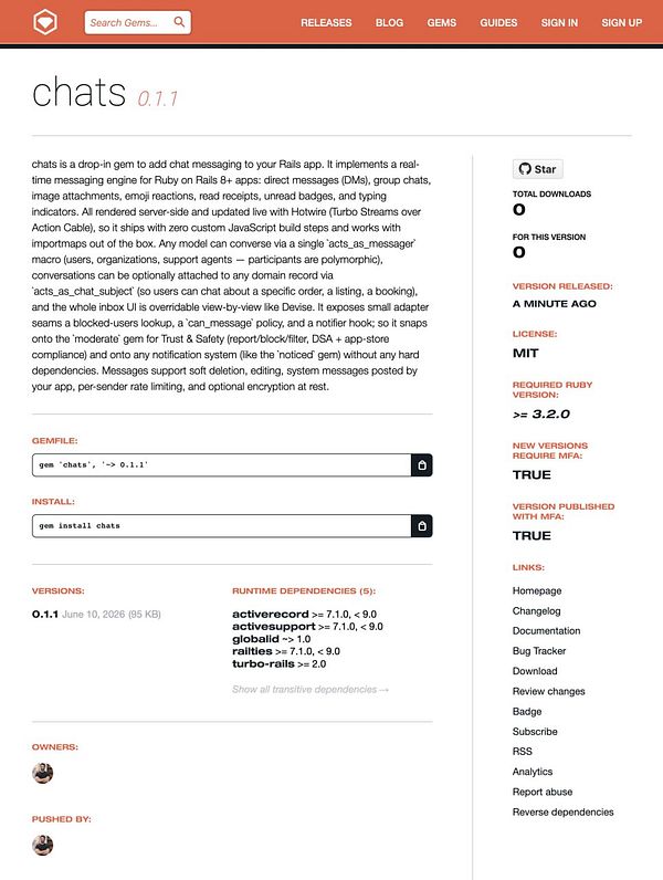 Screenshot of a GitHub repository page for the 'chats' Ruby gem showing installation instructions and usage examples.