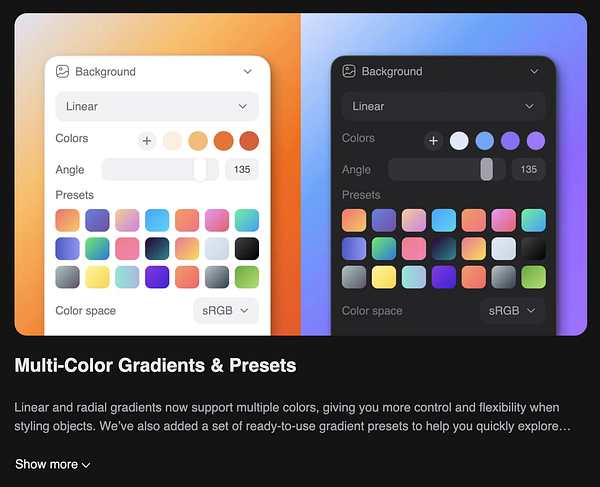 The image displays a user interface for selecting multi-color gradients and presets in a design application.