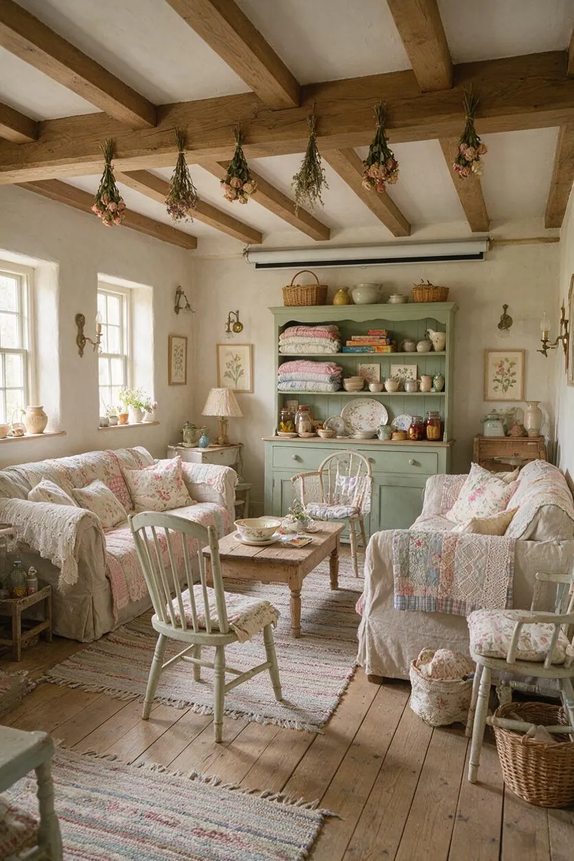 A cozy cottagecore media room with exposed wooden ceiling beams, dried flowers hanging overhead, and a pale green hutch filled with dishes, baskets, and folded quilts. Floral slipcovered sofas, painted chairs, a rustic wood coffee table, and woven rugs create a soft, collected atmosphere.