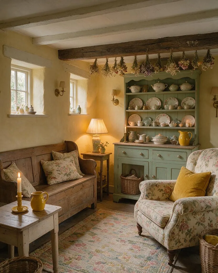 A cozy cottagecore living room with cream plaster walls, exposed wooden beams, and two small windows. The space includes a rustic wooden bench, a floral armchair, a mint-green hutch filled with decorative china, dried flowers hanging from a beam, warm lamps, and a faded floral rug.