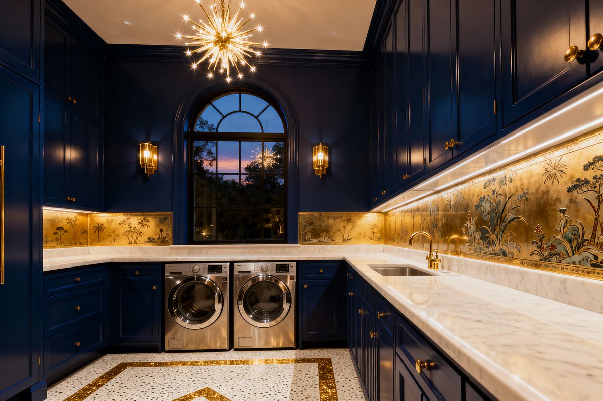 Room AI – Navy Laundry Room with Chinoiserie Gold Backsplash