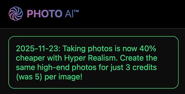 An announcement about a price reduction for Hyper Realism photos in a photo AI application.