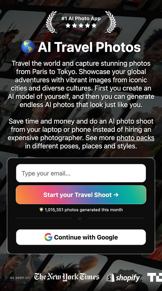 The image promotes an AI photo app for generating travel photos with a vibrant design and user interface elements.