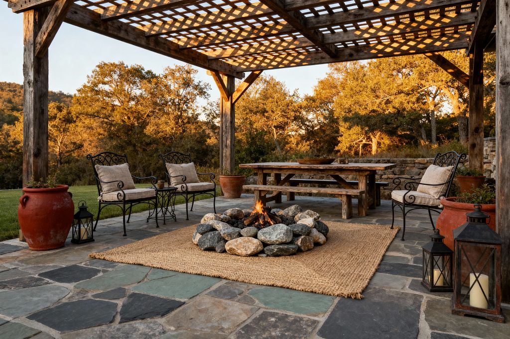 A rustic patio features a weathered timber pergola casting lattice shadows over slate flagstone. At the center, a ring of river stones forms a fire pit atop a natural jute rug, surrounded by wrought-iron chairs with beige cushions, a rough-hewn picnic table, large terracotta pots, black lanterns with candles, and a low stone wall, all set against sunlit trees.