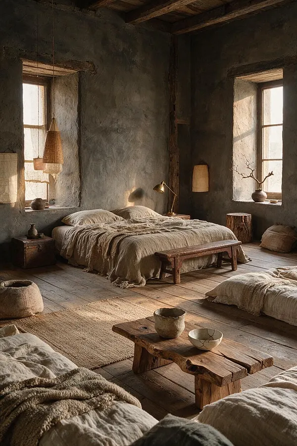 A rustic guest bedroom with low beds dressed in rumpled beige linens, rough plaster walls, and exposed wooden beams overhead. Natural light enters through small windows, highlighting woven pendants, a simple wooden bench, a stump side table, and a low table with handmade ceramic bowls.