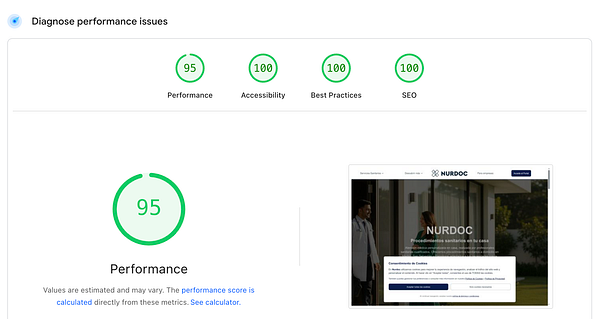 The image displays a performance analysis dashboard for the website nurdoc.es, highlighting various performance metrics.