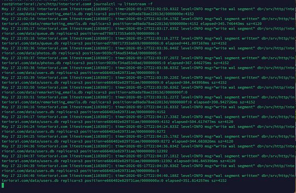 Screenshot of a terminal window showing the setup and operational logs of Litestream syncing for a SQLite database.
