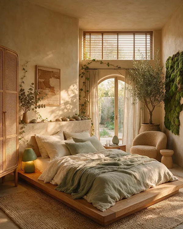 A warm, nature-inspired bedroom with a low wooden bed layered in cream and sage bedding, woven rugs, and textured plaster walls. The space includes rattan furniture, potted olive trees, trailing vines, and a living moss wall beside a large window and arched glass doors opening to the outdoors.