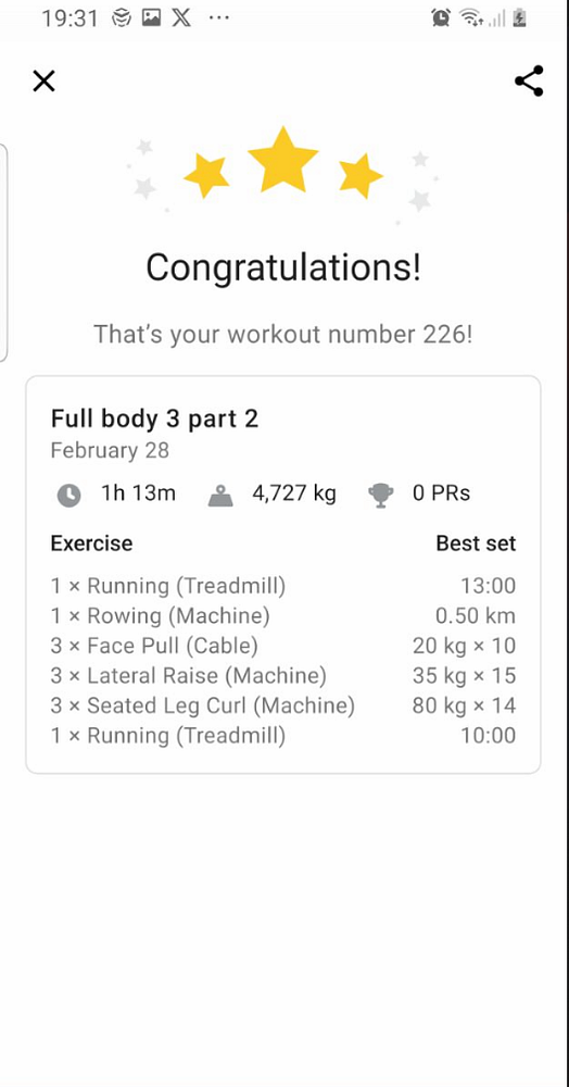 The image displays a workout summary from a fitness app.