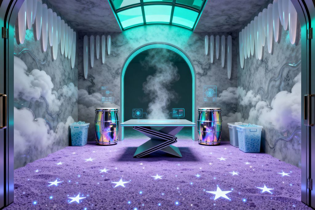 A futuristic laundry room features a lavender floor dotted with glowing star inlays and a central X-base folding table with a glass top emitting steam. Two iridescent drum-like washer and dryer units flank the table, set against smoky gray cloud murals with glossy white icicle fins. A curved teal-lit ceiling panel and a glowing arched opening define the space, with translucent plastic laundry bins and floating holographic control panels on both sides.